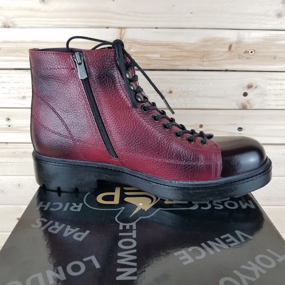 Men's Boots 10M 100% Genuine Leather Burgundy Biker Paul Branco Side Zip Lace-up